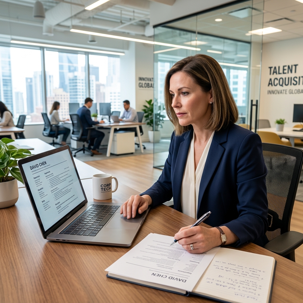 Professional reviewing a resume on a laptop